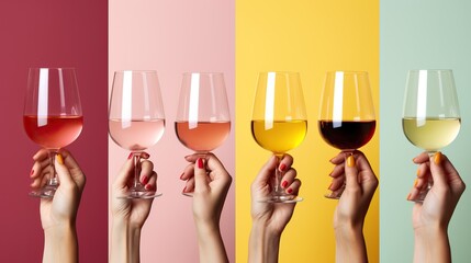 Collage of female hands holding bottle and glasses of wine on color background . generative ai.