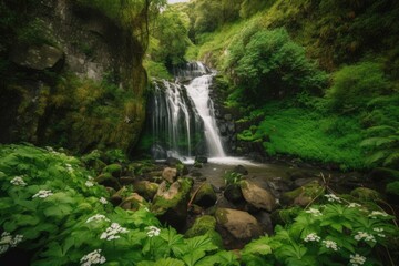 waterfall cascading over rocky cliff, surrounded by lush greenery, created with generative ai