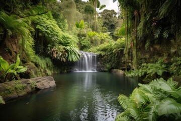 majestic waterfall plunging into tranquil pool, surrounded by lush greenery, created with generative ai