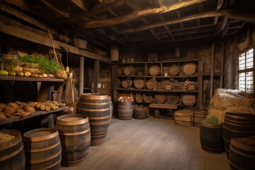 rustic barn with stocked shelves and wooden barrels for storing food, created with generative ai