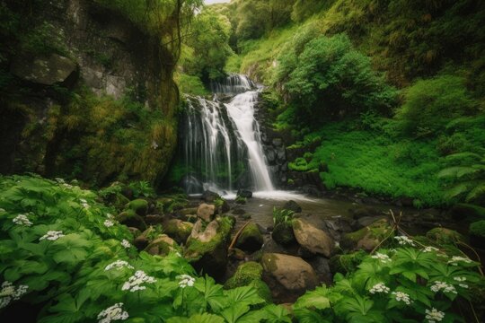 waterfall cascading over rocky cliff, surrounded by lush greenery, created with generative ai