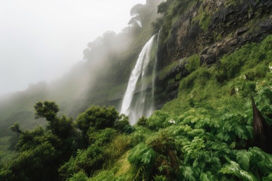 waterfall crashing down cliff face, surrounded by greenery and mist, created with generative ai