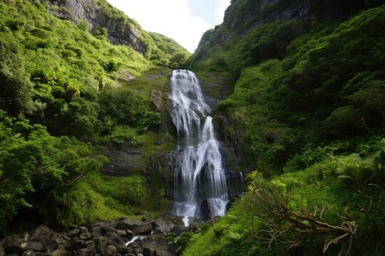 waterfall, surrounded by lush greenery, cascading down cliff face, created with generative ai