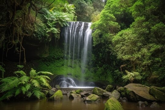 majestic waterfall with cascading water flow, surrounded by lush greenery, created with generative ai