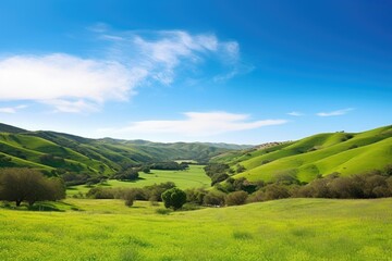 Fototapeta premium serene landscape with rolling hills, lush greenery and clear blue sky, created with generative ai