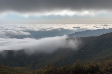 cloud-covered mountain range, with mist and rain clouds rolling in, created with generative ai