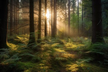 forest at sunrise, with rays of sunlight shining through the trees, created with generative ai