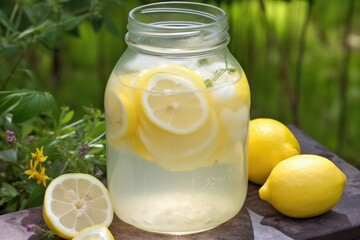 jar of freshly squeezed lemonade, ready to be enjoyed on a hot summer day, created with generative ai