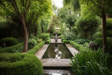 peaceful meditation garden with water feature and tall trees, created with generative ai