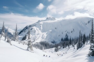 Fototapeta na wymiar snowy mountain range, with skiers and snowshoers enjoying the winter scenery, created with generative ai