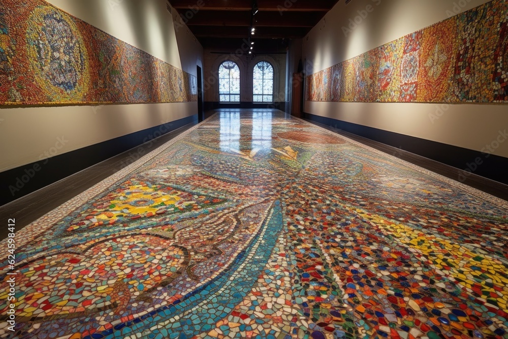 Wall mural brightly colored mosaic tiles decorating the floor of a museum gallery, created with generative ai - Wall murals
