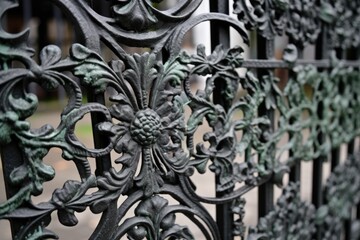 close-up of intricate ironwork on a gate or fence, created with generative ai