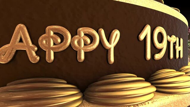 19th birthday cake animation 3d render in chocolate gold with confetti and balloon background. 4k
