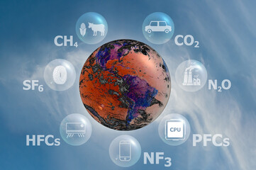 Concept depicting the issue of carbon dioxide emissions and other gases its causing global...