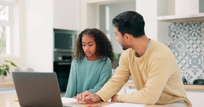 Education, video call or laptop and girl student hand raised to answer questions in a kitchen with applause from dad. Family, computer and remote or distance learning with a daughter in virtual class