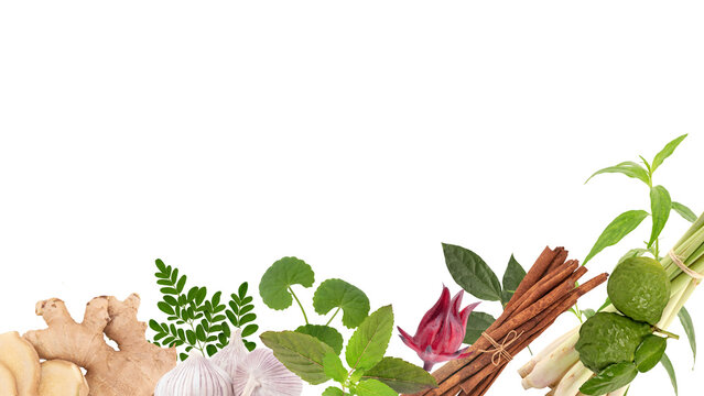 Herbs believed to help lower high blood pressure such as ginger, garlic and other herbs on transparent background.