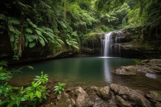 majestic waterfall cascading into natural swimming hole surrounded by lush greenery, created with generative ai