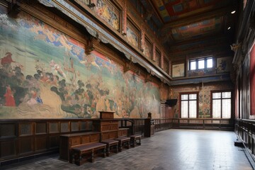 Fototapeta na wymiar grand hall with vibrant murals, depicting battle scenes and noble heroes, created with generative ai