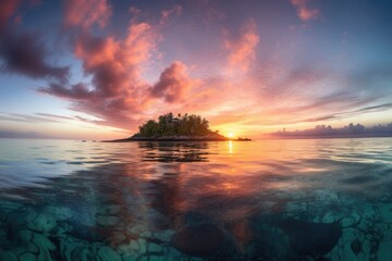 Fototapeta na wymiar remote island with sunrise, featuring colorful sky and crystal-clear waters, created with generative ai