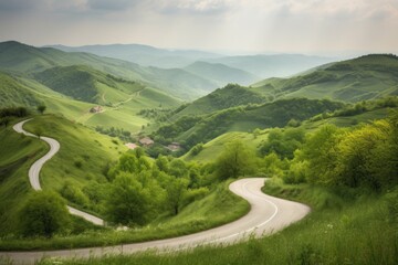 Fototapeta premium winding road with view of rolling hills, leading to a village in the distance, created with generative ai