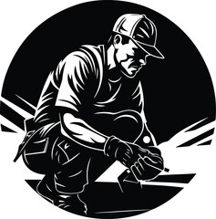 Roofer Repairing A Roof Logo Monochrome Design Style