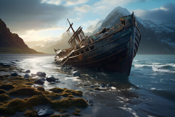 Photorealistic ai artwork of a shipwreck in a beautiful, isolated location. Sunset with dramatic view of mountains and the sea. Generative ai.