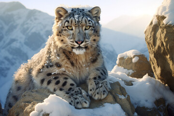 Fototapeta premium Photorealistic ai artwork of a snow leopard in a beautiful, isolated location at sunset in the snow on a mountain. Generative ai.