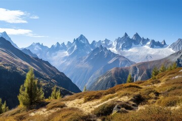 clear blue skies and towering peaks of the alpine environment, with a glimpse of snow-capped summits, created with generative ai