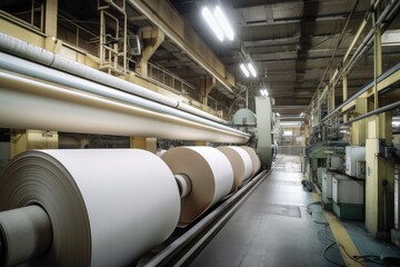 paper mill, with towering rolls of paper coming off the production line, created with generative ai