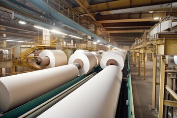pulp and paper factory, with conveyor belts transporting rolls of paper, created with generative ai