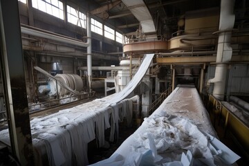 pulp and paper factory, with endless streams of raw materials being converted into finished products, created with generative ai