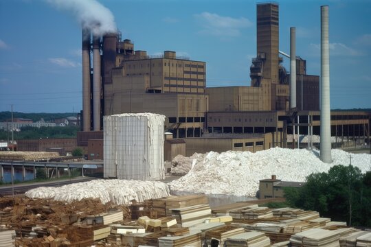 pulp and paper mill, with towering stacks of raw materials being converted into finished products, created with generative ai