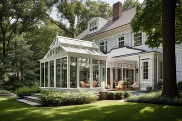 traditional home with sunroom addition to maximize natural light and bring in greenery, created with generative ai