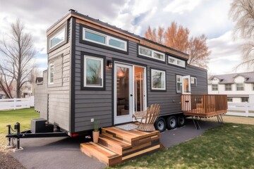 Fototapeta premium tiny home in quaint town, surrounded by bustling activity and shops, created with generative ai