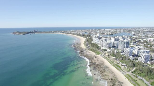 Distant View Of Point Cartwright From Mooloolaba Beach In Sunshine Coast Area In Queensland, Australia. aerial pullback