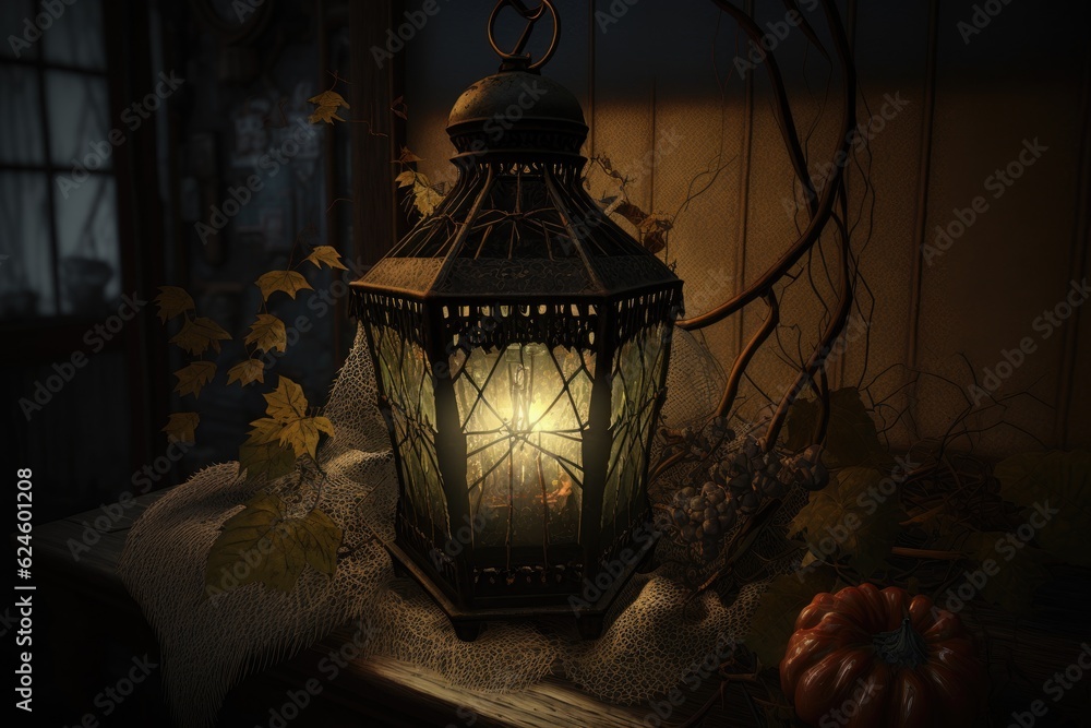 Wall mural cobweb-covered lantern illuminating dark and cozy corner, created with generative ai
