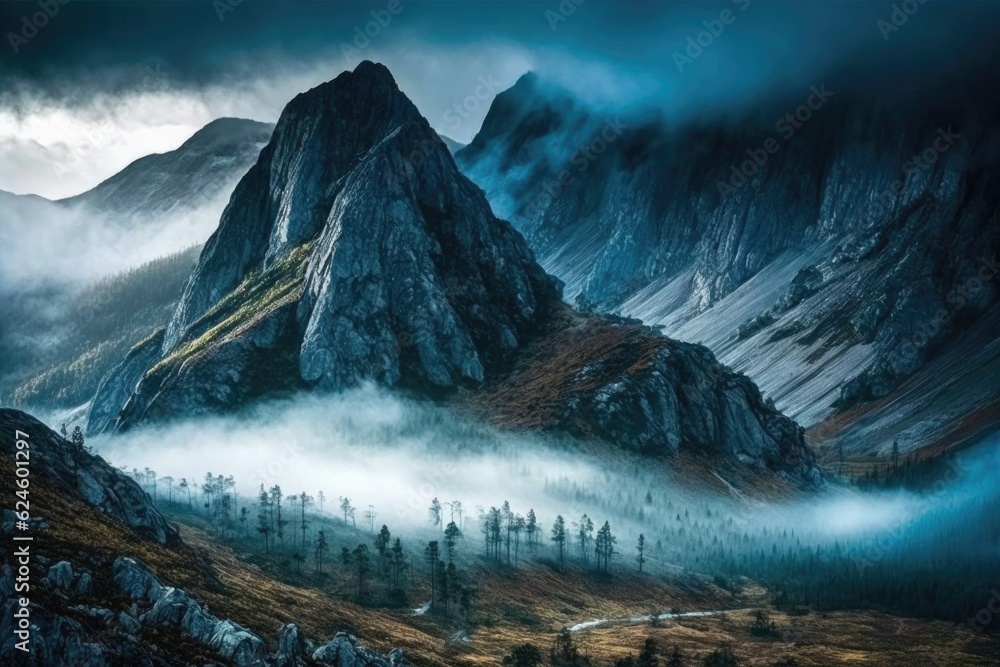 Canvas Prints mist-covered mountains with fog drifting over the peaks, created with generative ai