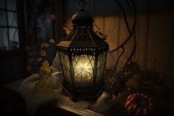 cobweb-covered lantern illuminating dark and cozy corner, created with generative ai