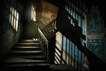 creaky staircase in abandoned old house, with shadows lurking in the darkness, created with generative ai