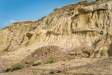 Unique rock formations and hoodoos shaped by erosion in the Avonlea Badlands, near Avonlea,...