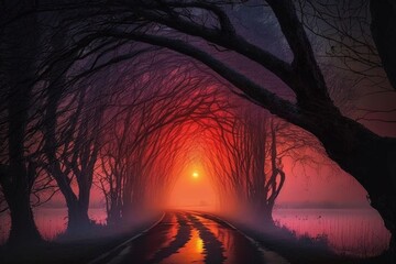vibrant sunset in a mysterious foggy path, created with generative ai