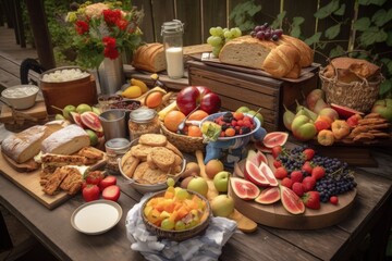 a picnic table set with a variety of foods, including sandwiches, fruits, chips and sweets, created with generative ai