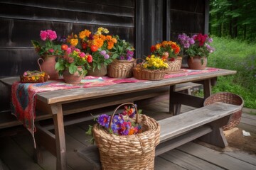 rustic picnic table with woven baskets, vibrant flowers, and heirloom china, created with generative ai