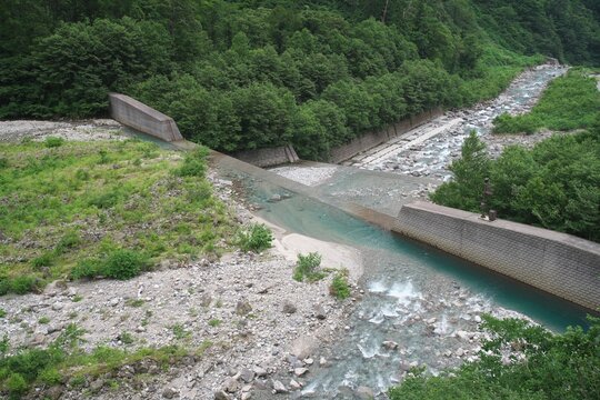 Toyama,Japan - July 16, 2023: Check dam or Sabo dam on Shomyo river, Toyama, Japan
