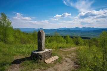 a trail marker with a view of the surrounding scenery, including mountains and blue skies, created with generative ai