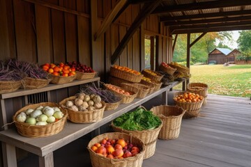 farm stand with baskets of freshly picked produce, ready for customers, created with generative ai