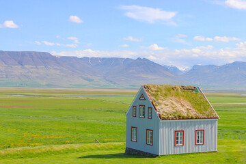 Blue house with grass roof in a green mountain valley 
