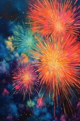Fototapeta na wymiar close-up of colorful fireworks in night sky, created with generative ai