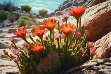 close-up of vibrant cactus flowers in desert landscape, created with generative ai