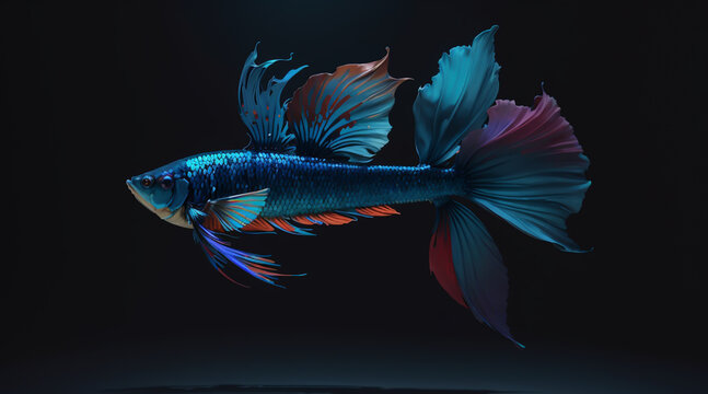 Mesmerizing darkness of the black background, the beautiful bright blue fish stands out like a radiant jewel, capturing the imagination with its vivid presence.